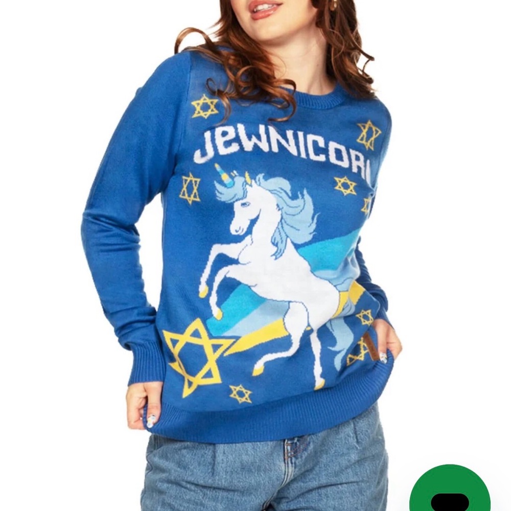 Tipsy Elves Blue Sweater with Jewnicorn Design Hanukkah Sweater